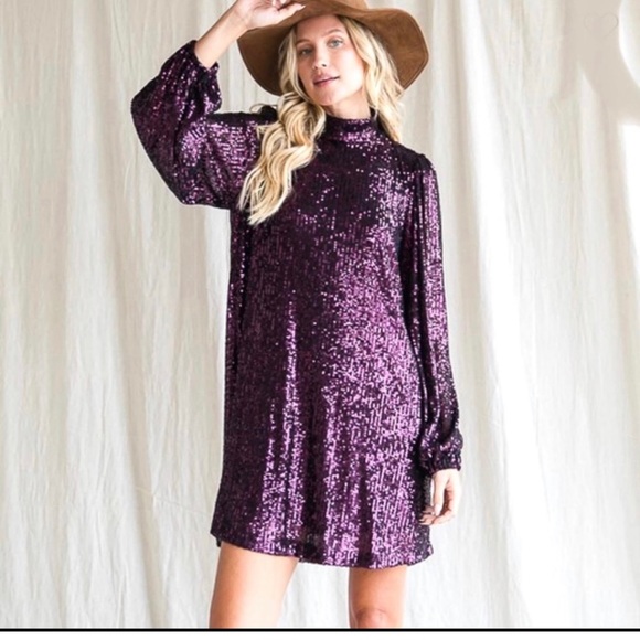 purple sequin long sleeve lined dress sz L - Picture 1 of 2